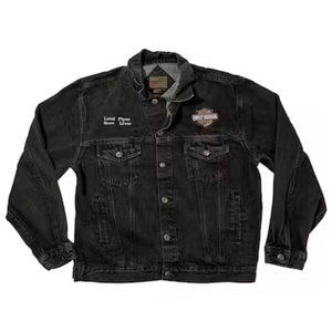 Loud Pipes Save Lives black denim jean jacket Harley Davidson patches Large